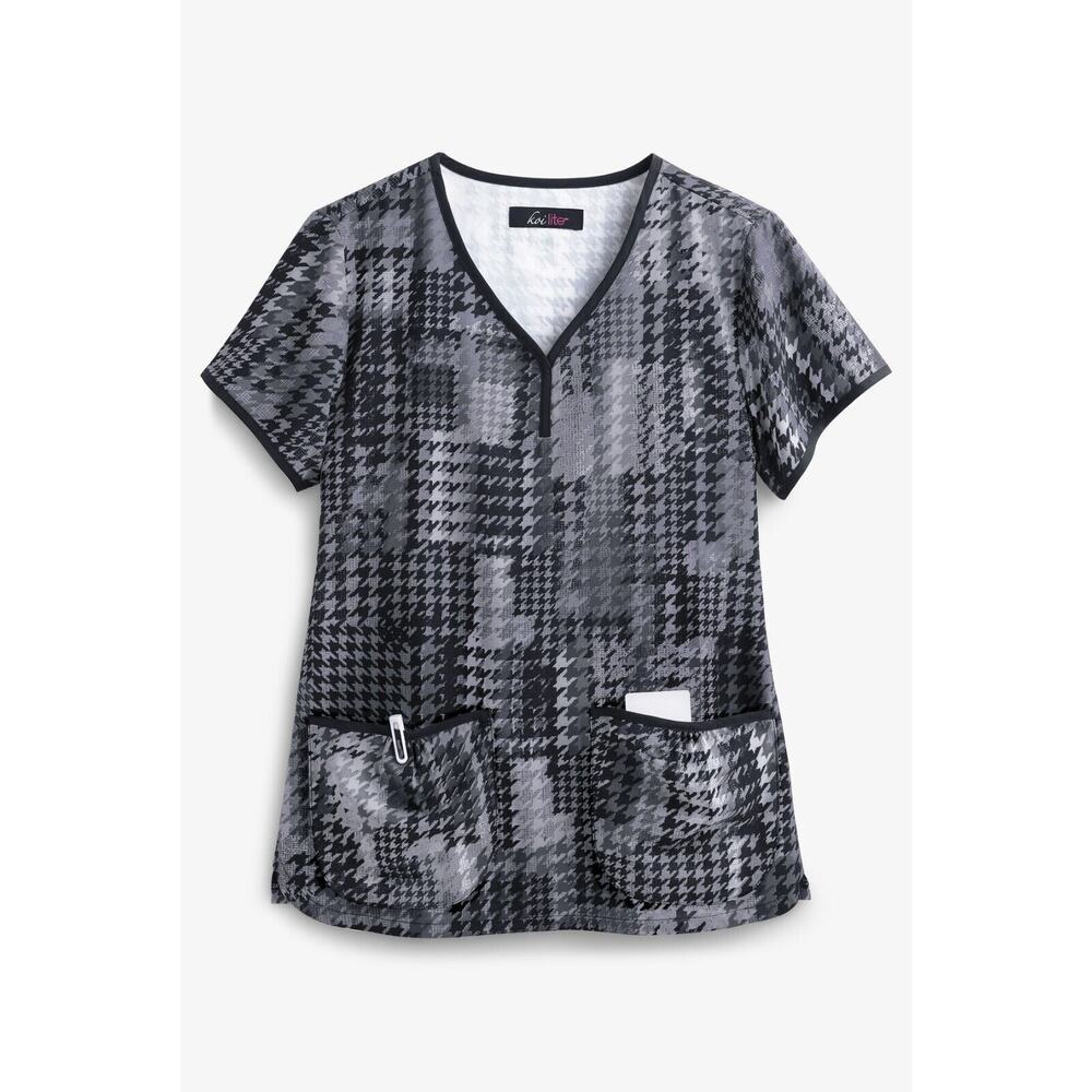 Koi Lite Women's XS Scrub Top ~ Houndstooth Platinum Pattern ~ Style 1007PR ~NWT